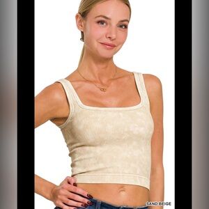 ZENANA Washed Ribbed Scoop Neck Cropped Tank Top – Sand Beige (S/M)